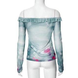 Long sleeve off shoulder tie dye ruffle sheer mesh top