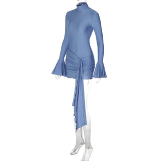 Long flared sleeve high neck ruched mini dress