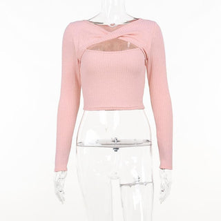 Long sleeve knitted hollow out ribbed cross front crop cut out top