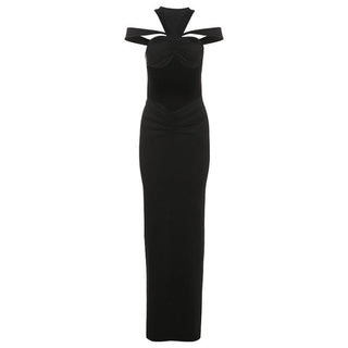 Ruched hollow out crewneck solid cut out maxi dress