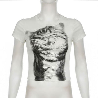 Short sleeve crewneck cat print top
