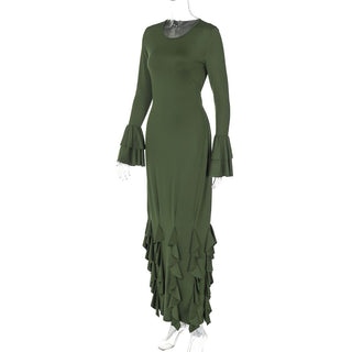 Long flared sleeve crewneck ruffle self tie maxi dress