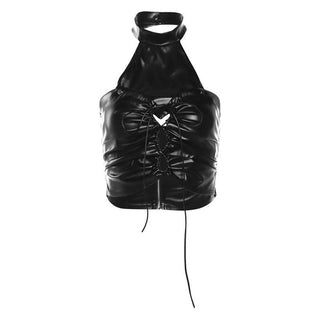 Halter backless PU leather zip-up crop top