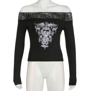 Off shoulder long sleeve lace hem abstract top