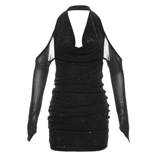 Long sleeve off shoulder halter cowl neck glitter mesh mini dress