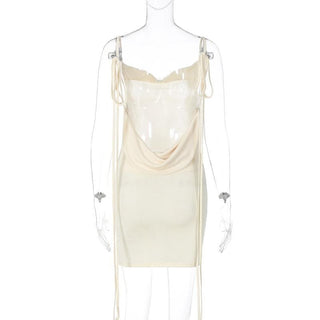 Cowl neck self tie backless ribbon solid mini dress