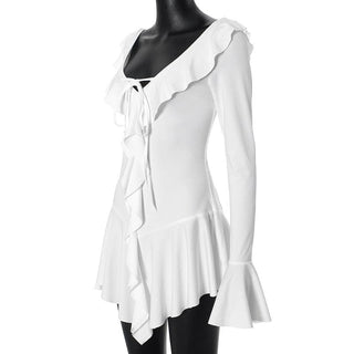 Long flared sleeve ruffle v neck mini dress