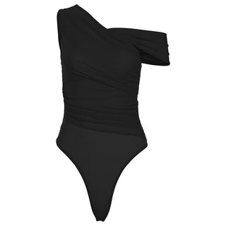 One shoulder ruched sheer mesh bodysuit
