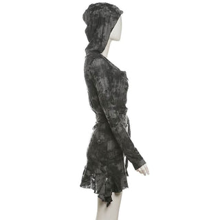 Hoodie long sleeve belt hollow out cut out mini dress