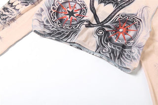 Long sleeve print high neck ruffle crop sheer mesh pant set