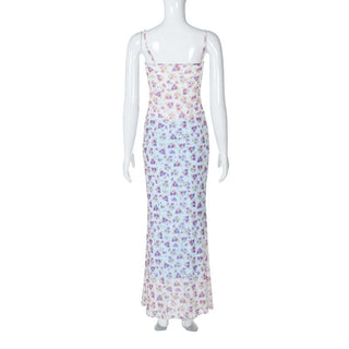 Print ruched high slit sweetheart neck mesh cami maxi skirt set