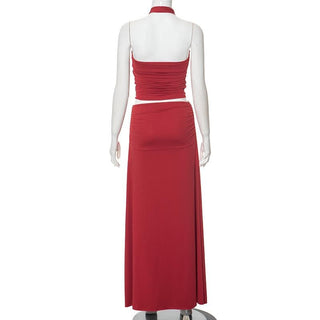 Halter ruched backless high slit maxi skirt set
