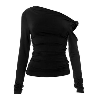 Irregular long sleeve hollow out ruched one shoulder cut out top