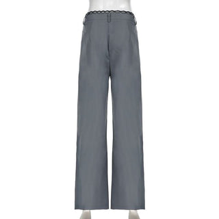 Lace hem button ruched low rise straight leg pant