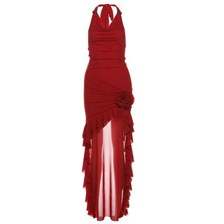 Halter cowl neck flower applique ruffle maxi dress