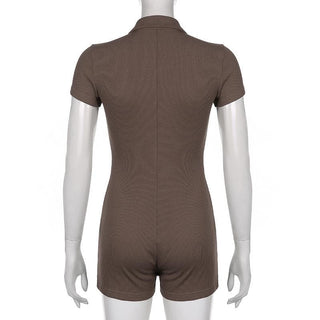 Turnover collar ribbed button romper