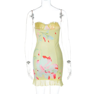 Flower print ruffle tube mini dress