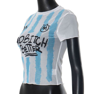 Short sleeve crewneck sheer mesh letter print crop top