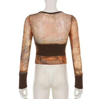 U neck long sleeve knitted mesh patchwork abstract top