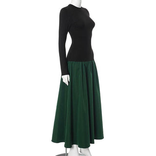 Long sleeve crewneck patchwork ruched maxi dress