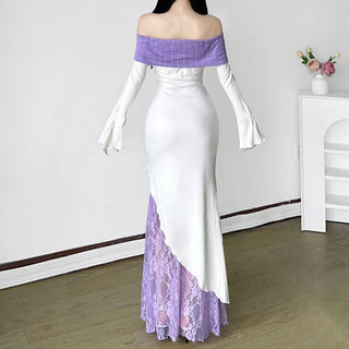 Off shoulder long sleeve knitted patchwork lace print maxi dress