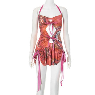 Halter self tie ruched hollow out print cut out mini dress