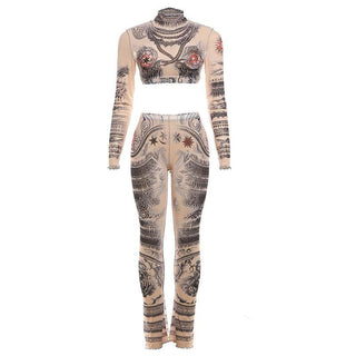 Long sleeve print high neck ruffle crop sheer mesh pant set