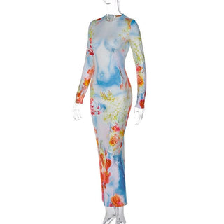 Long sleeve crewneck flower print contrast maxi dress