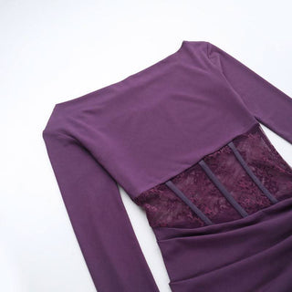 Long sleeve off shoulder ruched drawstring lace mini dress