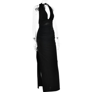 Halter deep v neck slit backless ruched maxi dress