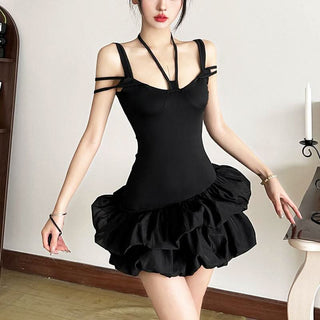 Halter self tie hollow out ruched solid cut out mini dress