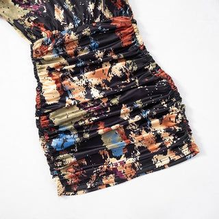 Long sleeve ruched tie dye print crewneck mini dress