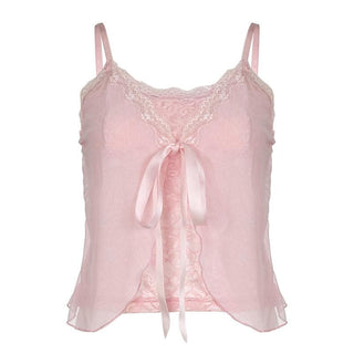 Lace patchwork ruffle ribbon mesh knotted cami top