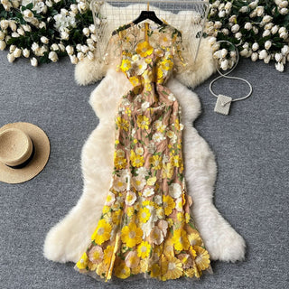 Crewneck short sleeve flower embroidery zip-up maxi dress
