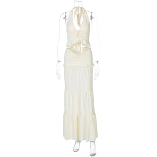 Halter v neck ruffle ruched maxi dress skirt set