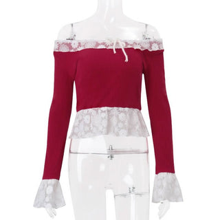 Off shoulder lace hem long flared sleeve ribbed top