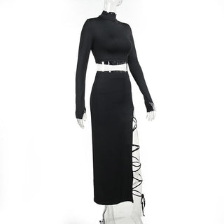 Self tie high neck solid long sleeve irregular slit maxi skirt set