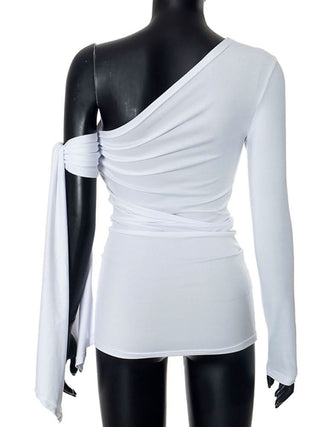 Irregular long sleeve chain print one shoulder top