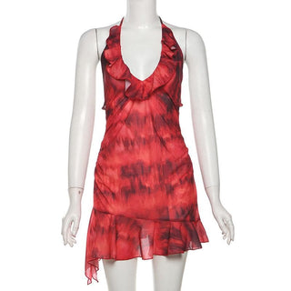 Halter ruched tie dye ruffle backless mini dress