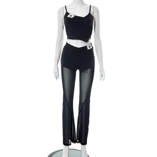 Mesh patchwork letter pattern cami pant set