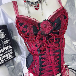 Lace hem beaded flower applique button mesh top