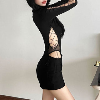 High neck long sleeve hollow out mesh bodysuit