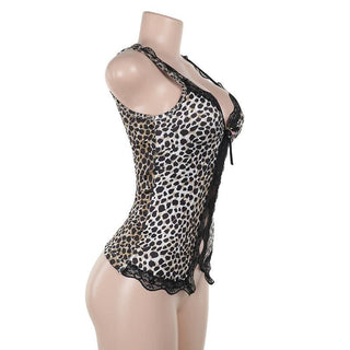 Leopard print lace hem hollow out v neck cut out top