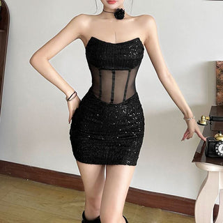 Glitter mesh patchwork tube mini dress