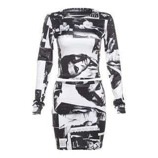 Long sleeve print crewneck mini skirt set