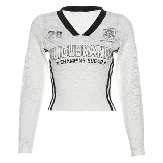 V neck long sleeve lace letter print see through top