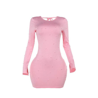 Crewneck long sleeve beaded backless mini dress