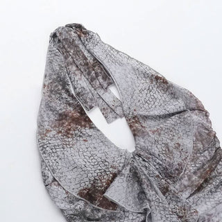 Self tie halter snakeskin print ruffle ruched mini dress