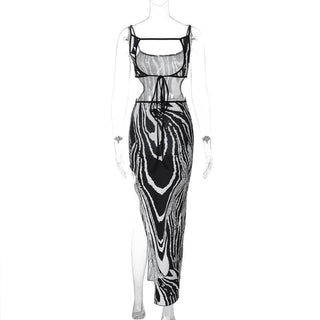 Zebra print contrast irregular slit hollow out backless cut out midi dress
