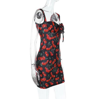V neck cherry print backless mini dress